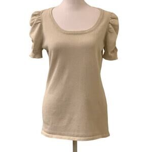 BY design Women's Short Puffed Sleeve Top, Beige with Gold, Size Medium